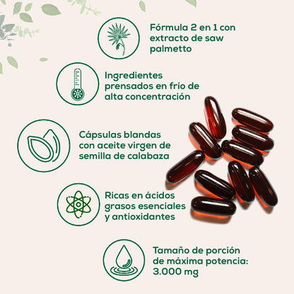 ACEITE DE CALABAZA + SAW PALMETTO – FÓRMULA PARA LA PRÓSTATA Y EL CABELLO