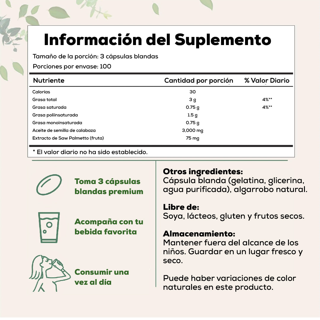 ACEITE DE CALABAZA + SAW PALMETTO – FÓRMULA PARA LA PRÓSTATA Y EL CABELLO