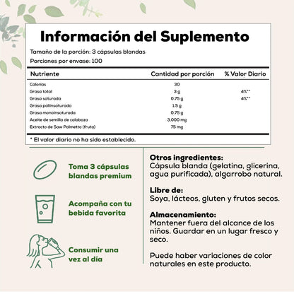 ACEITE DE CALABAZA + SAW PALMETTO – FÓRMULA PARA LA PRÓSTATA Y EL CABELLO